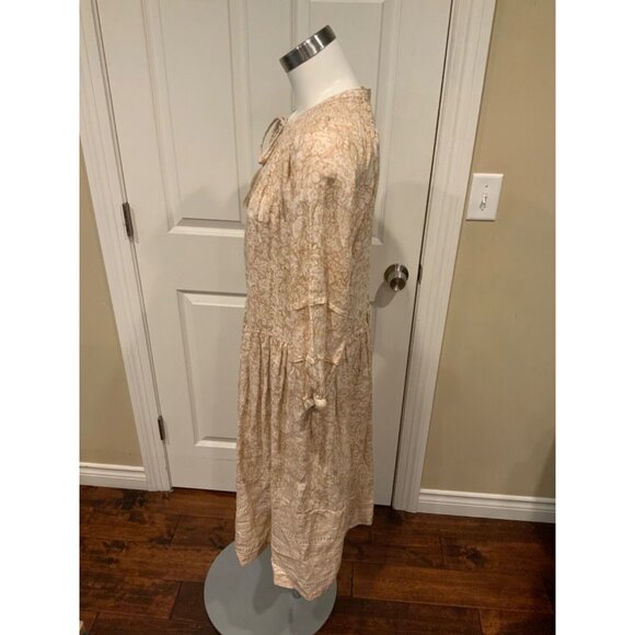 Magaschoni Tan & White Floral V-Neck Linen Midi Shift Dress, Size M - Picture 4 of 6